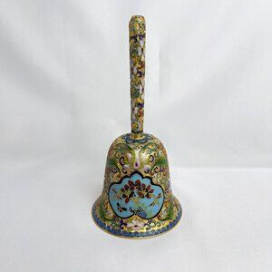 Cloisonne Vintage Large Bell Openwork Blue Enamel Brass Ornament 7 1/2"